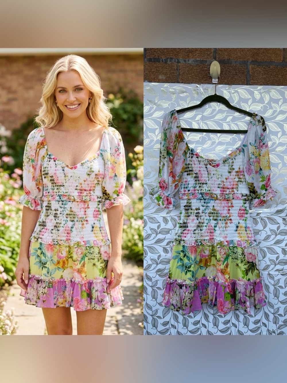 Hemant & Nandita Floral Smocked Mini Dress S Cottagecore Boho - Picture 1 of 15